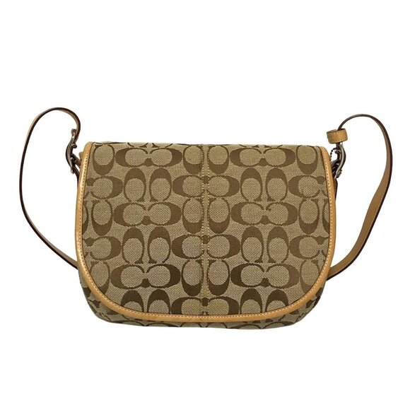 Auth COACH Signature Small Messenger 6842 Khaki Light Brown Jacquard Leather - Picture 2 of 12